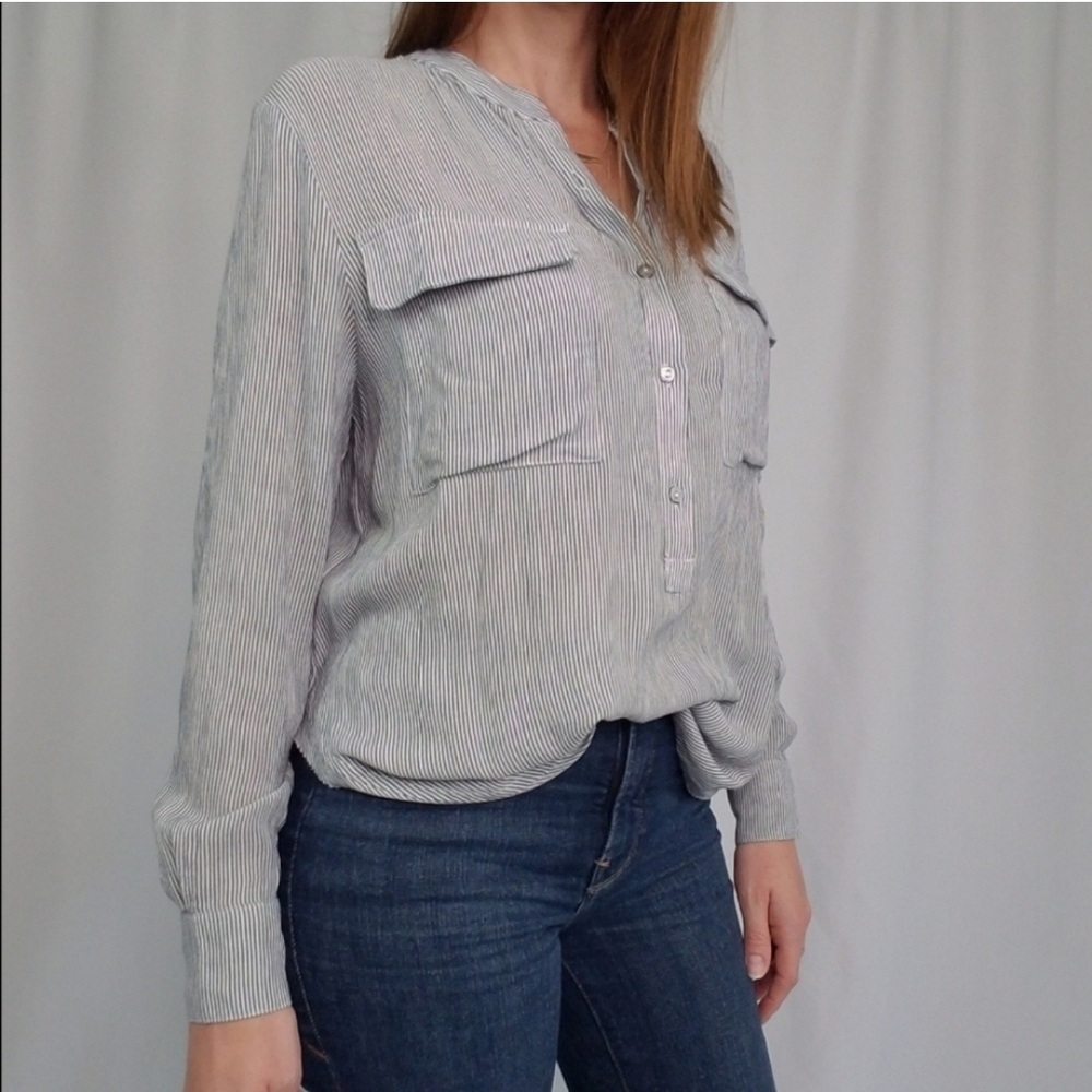 Olivaceous Stripe V-Neck Button-Up Long Sleeve Blouse